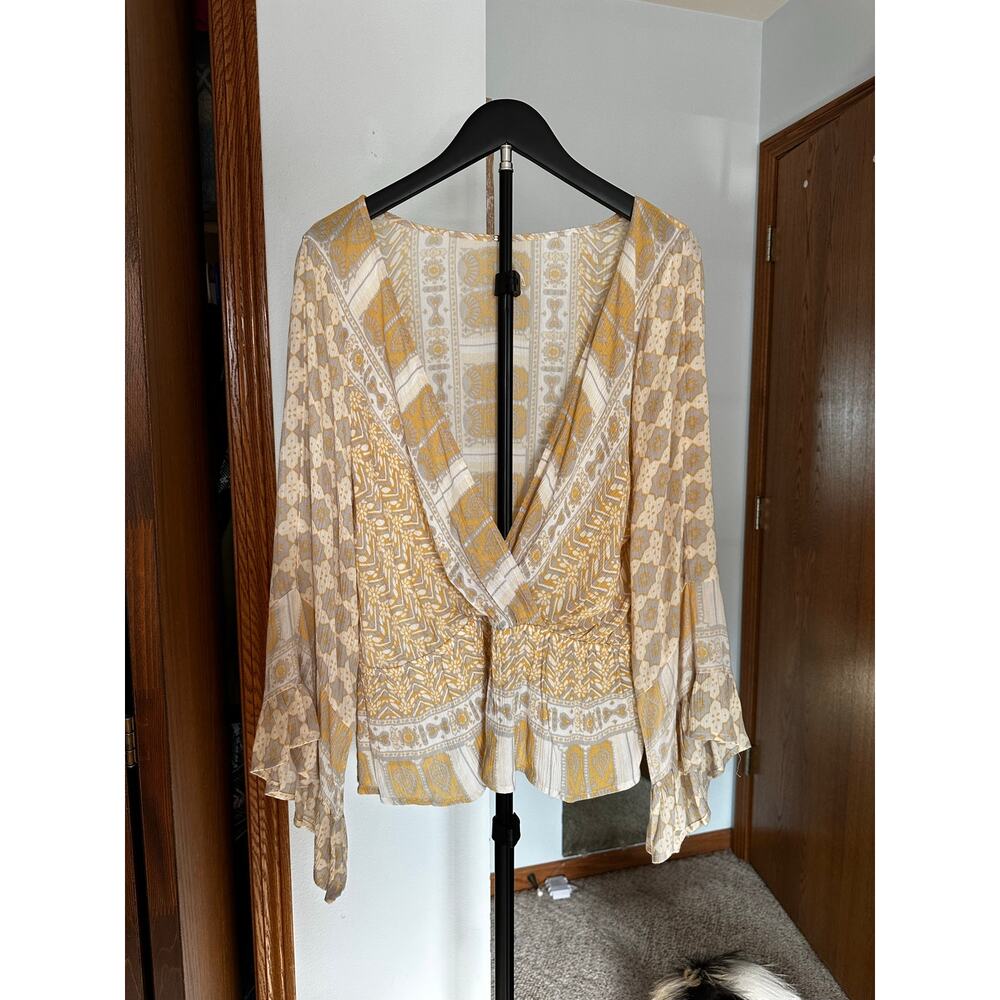 Free People Rosalie Bell Sleeve Faux Wrap Boho Peplum Top Antique Combo XL